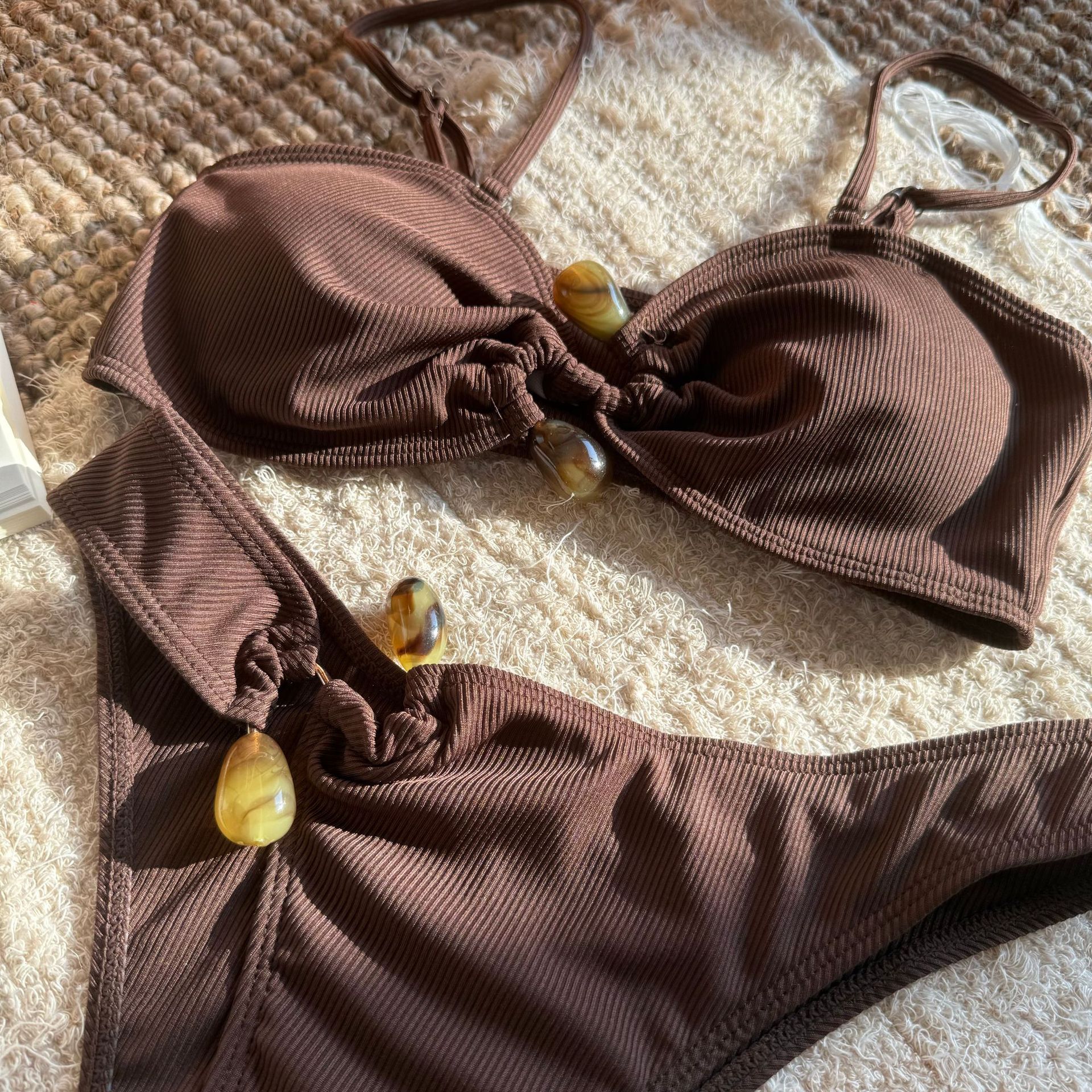 101g Weight Sexy Feel Of Sensation Bikini Panties Style Polyester Fabric Type 2 Pieces Set Quantity Swimming Pool, Beach Occasion Solid Color Pattern Women's Gender Army Green, Coffee, Black Color Women's Solid Color 2 Pieces Set Bikinis Swimwear 13