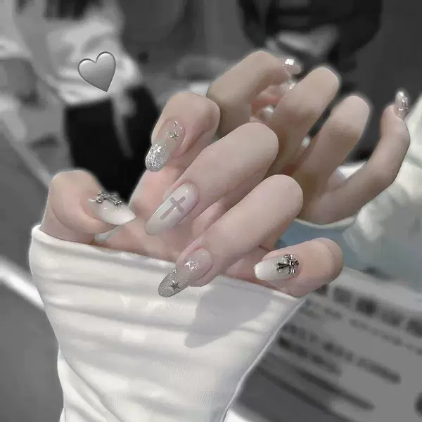 Sweet and cool style, milky white gradient with silver glitter stars, pure desire cross nail stickers, popular ins-style medium-long press-on nails