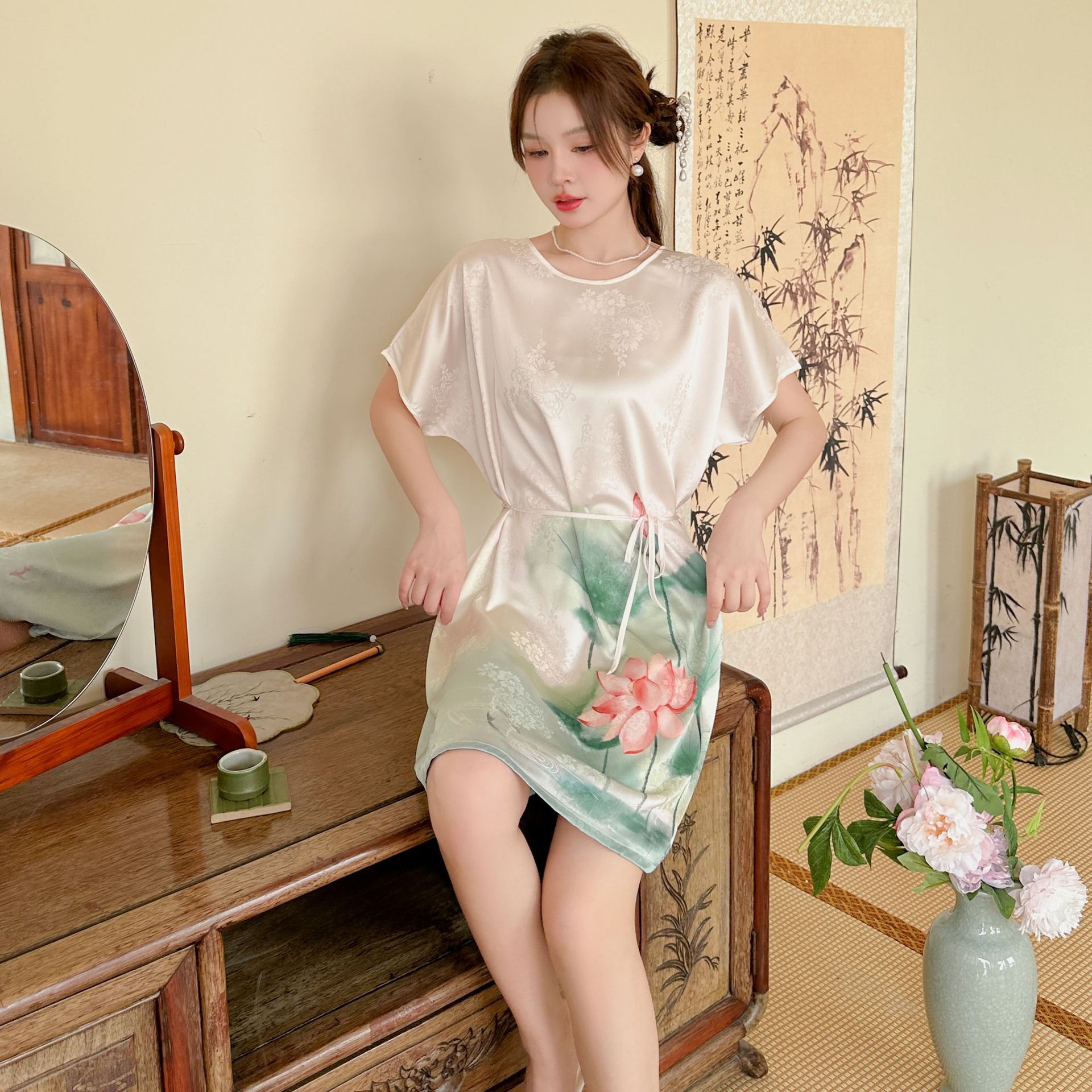 Taizhou Pajama Skirt Women's Summer Ice Silk Loose Thin Lace Middle Long Skirt Women's Pajamas Silk Summer Home Fury