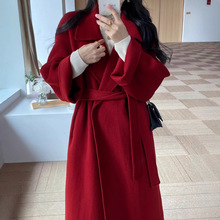 红色新年战袍西西里慵懒大衣双面羊绒外套女长款秋冬羊毛呢外套