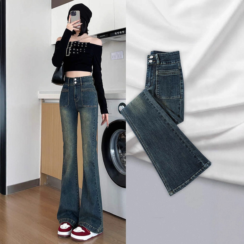 High-Waisted Double-Breasted Bootcut Jeans for Women in Autumn and Winter Slim Fit Stretchy Nostalgic Retro Hip-Hiking Horseshoe Flared Pants