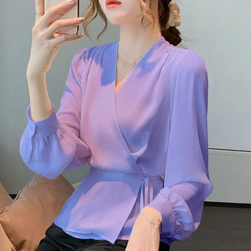 2026 Spring and Autumn New Style Elegant Fashionable Tie-Waist Long-Sleeve Chiffon Shirt for Women Solid Color Blouse Top Cross-Design 2026 Spring and Autumn New Style Elegant Fashionable Tie-Waist Long-Sleeve Chiffon Shirt for Women Solid Color Blouse Top Cross-Design