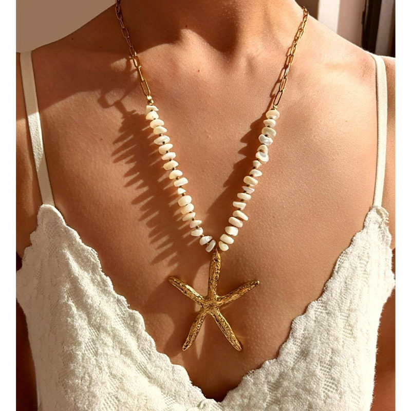 European and American Fashion Ins Style Stainless Steel Starfish Long Women's Necklace Irregular Shell Pearl Starfish Necklace for Women