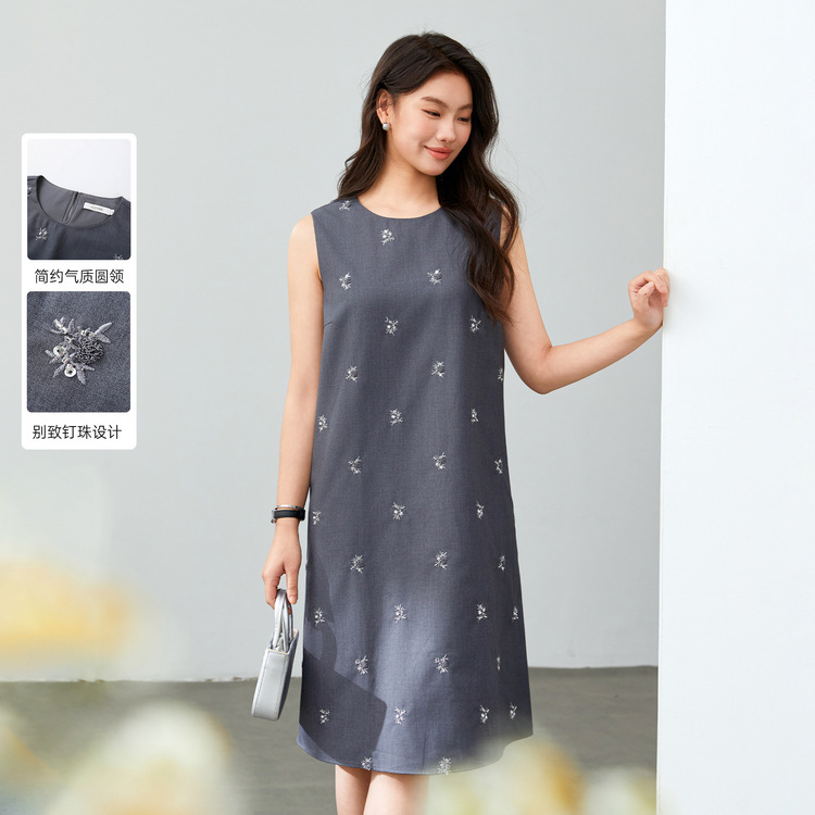 【Design-sensual beaded simple round neck layered dress】Sili Show large size women's clothing fat mm2025 spring new style