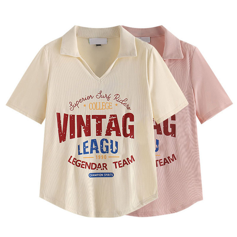 2025 Summer V-neck Shoulder Short-sleeved T-shirt Women's Design Sense Niche Slim-fit Short Polo Shirt Hot Girl Top