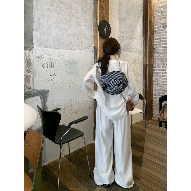 慵懒风套装领长袖衬衫上衣女年春秋季高腰休闲裤长裤两件套|undefined