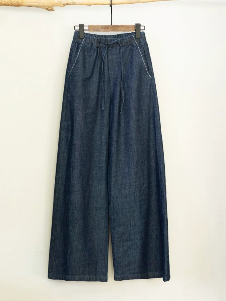 Retro colored trousers, thin loose straight jeans, high waist, loose fit, elastic waist, drawstring