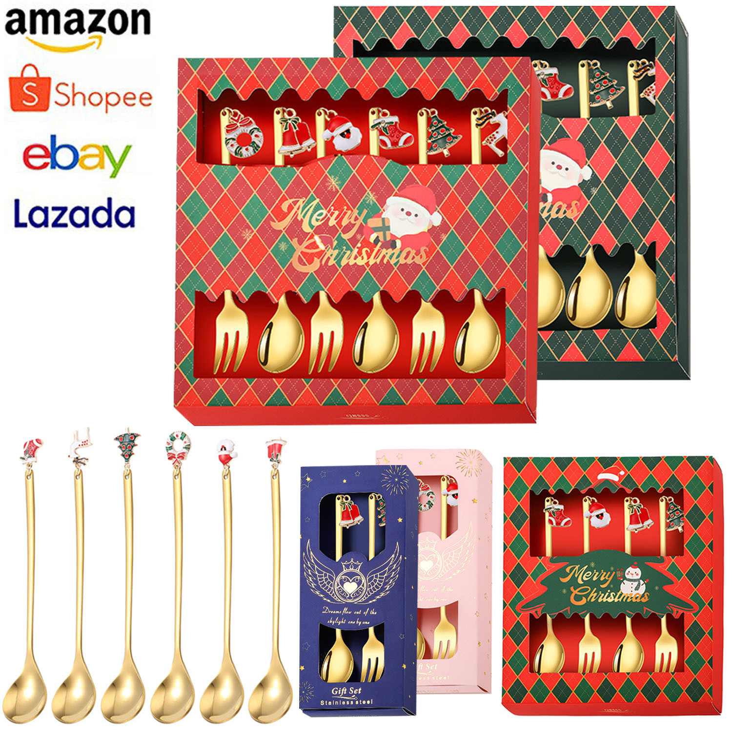 跨境圣诞节餐具不锈钢搅拌勺圣诞老人勺子吊坠甜品勺叉礼盒套装