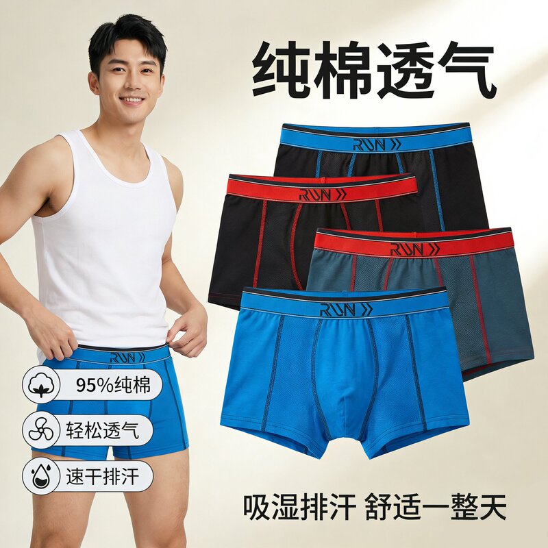 Foreign Trade Men's Underwear, Sports Fitness Breathable Mesh Boxer Briefs, Youth Mid-Low Waist Cotton Boxer Shorts