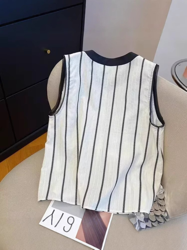 フレンチブラックストライプノースリーブラウンドネックシャツ女性のための夏の新しいルーズコントラストカラー年齢を減らす小さなベストトップ薄い|undefined