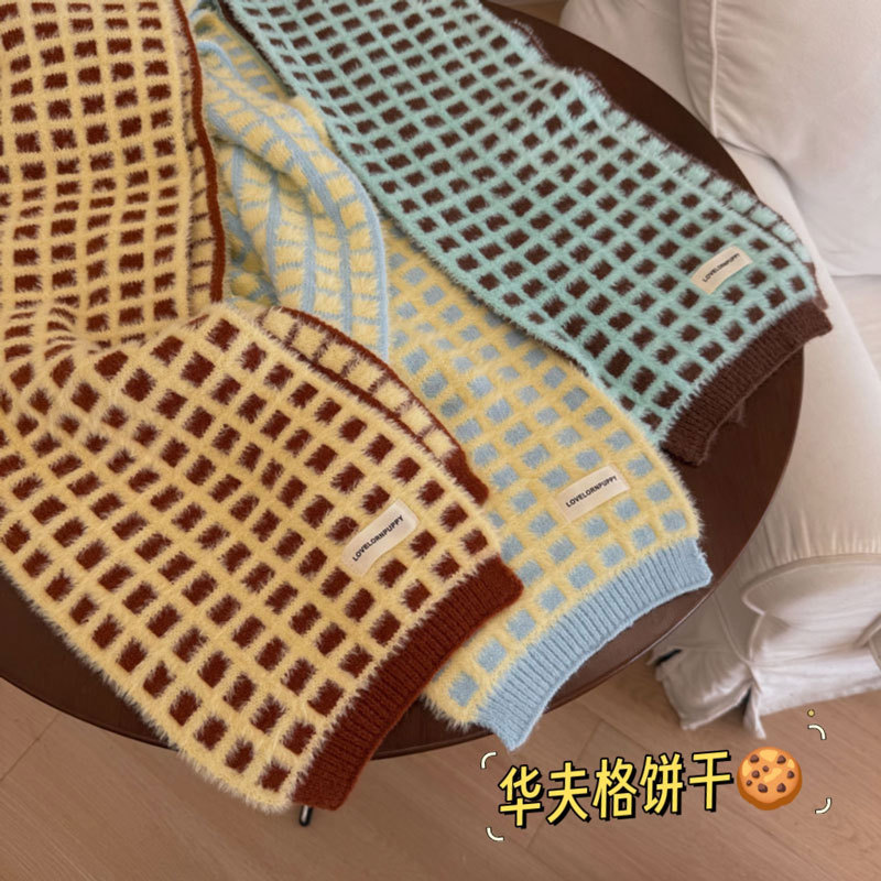 原创设计华夫格饼干格子围巾女秋冬新款韩系氛围感仿羊绒保暖围脖|undefined