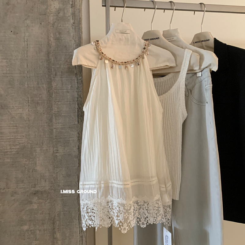 I Miss Korean Standard 2025 Summer New Design Halterneck Sleeveless Shirt Women's Bohemian Style Lace Top