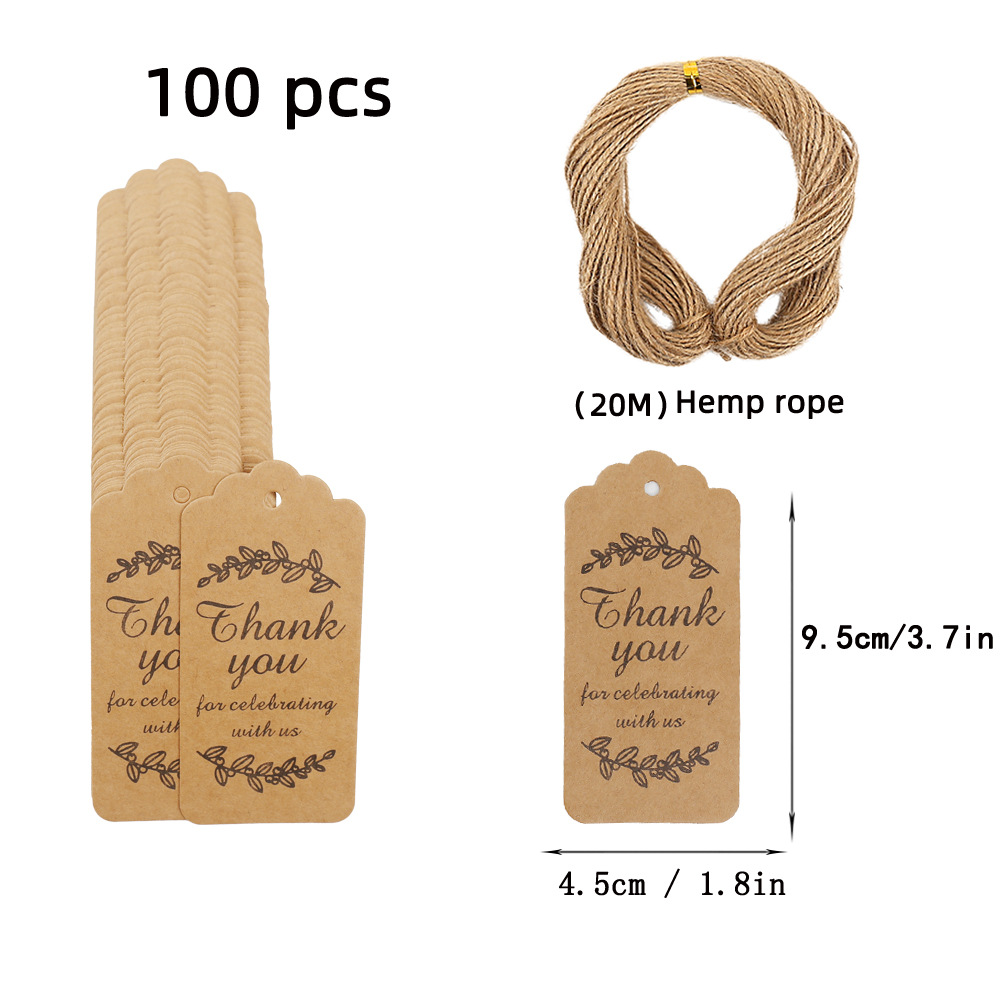 亚马逊牛皮纸吊牌套装100张+20米麻绳4.5*9.5cm卡片标签谢谢挂牌