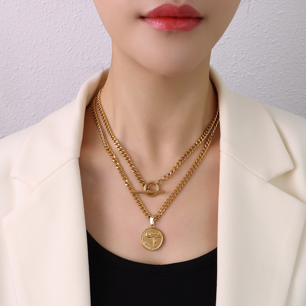 exaggerated thick chain otbuckle round brand gun shape pendant double stacked titanium steel gold necklace_voghion.com