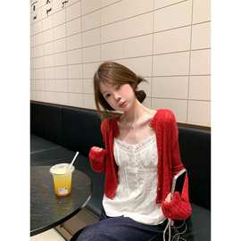 甜美纯色外搭短款针织衫女2025早秋新款白色蕾丝花边直筒吊带背心