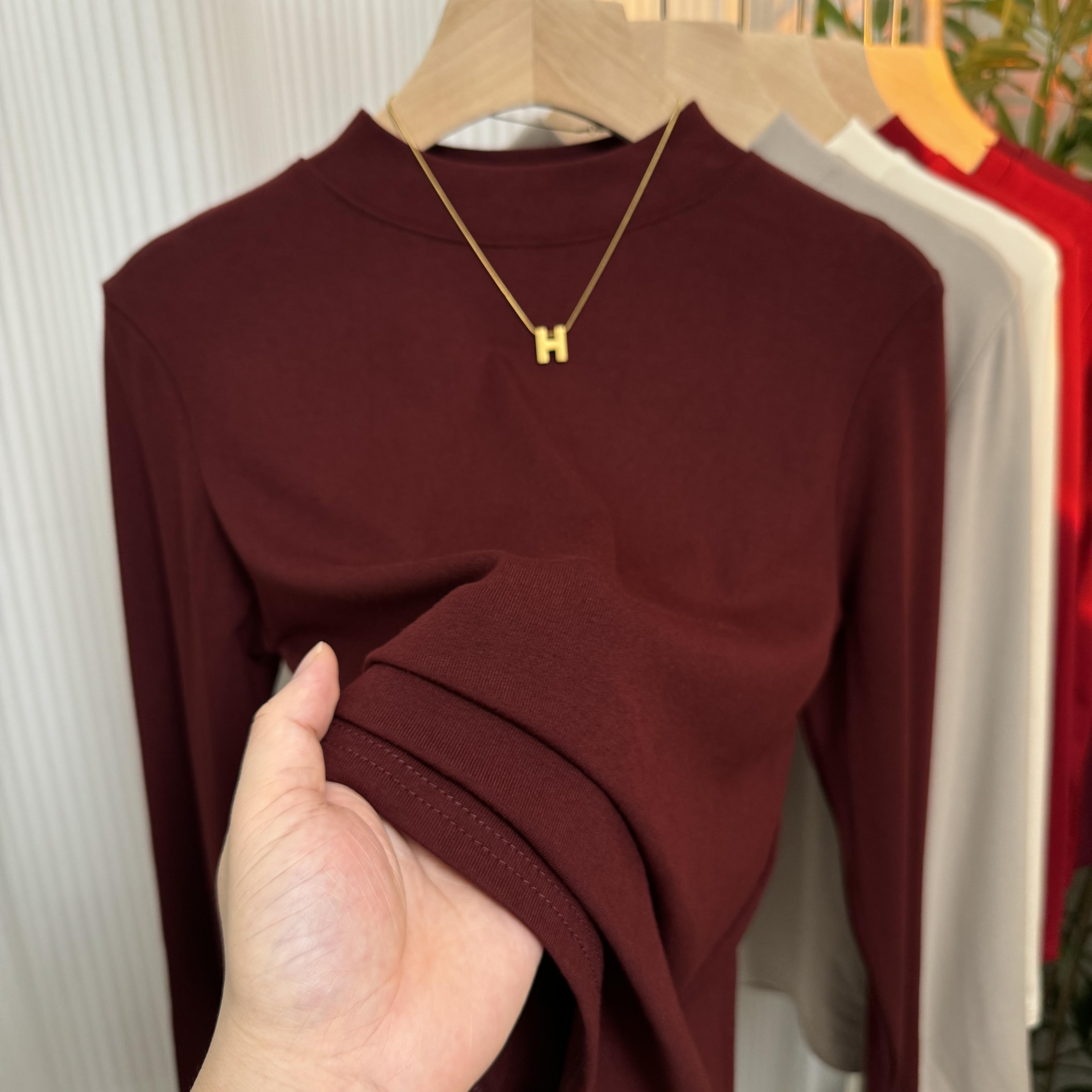 Anchor Red Half-High Collar Base Shirt for Women, New Style, Comfortable, Soft, Stretchy, Long-Sleeved Top for Layering