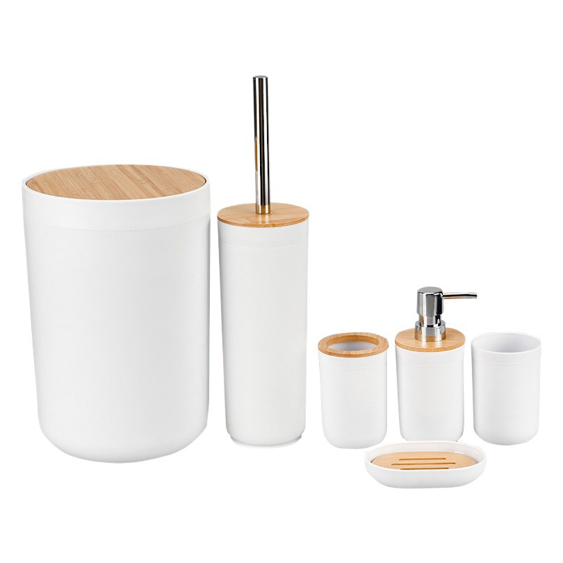 Bambú cubierta de la basura puede Almacenamiento de baño de seis piezas conjunto de color sólido lavado de almacenamiento traje de baño suministros