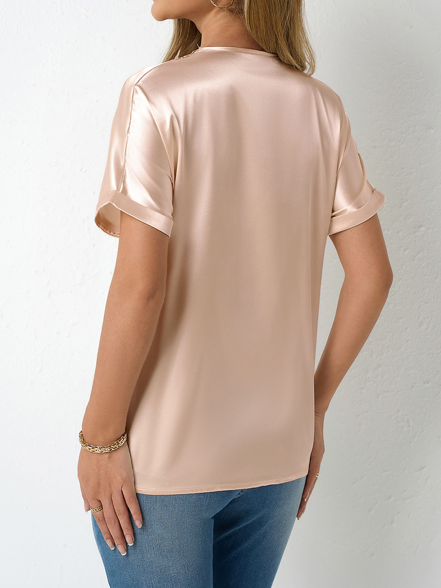 Tiro real transfronterizo de las mujeres europeas y americanas de Amazon nueva camiseta de satén con cuello en v imitación de encaje de seda tops sueltos mujeres