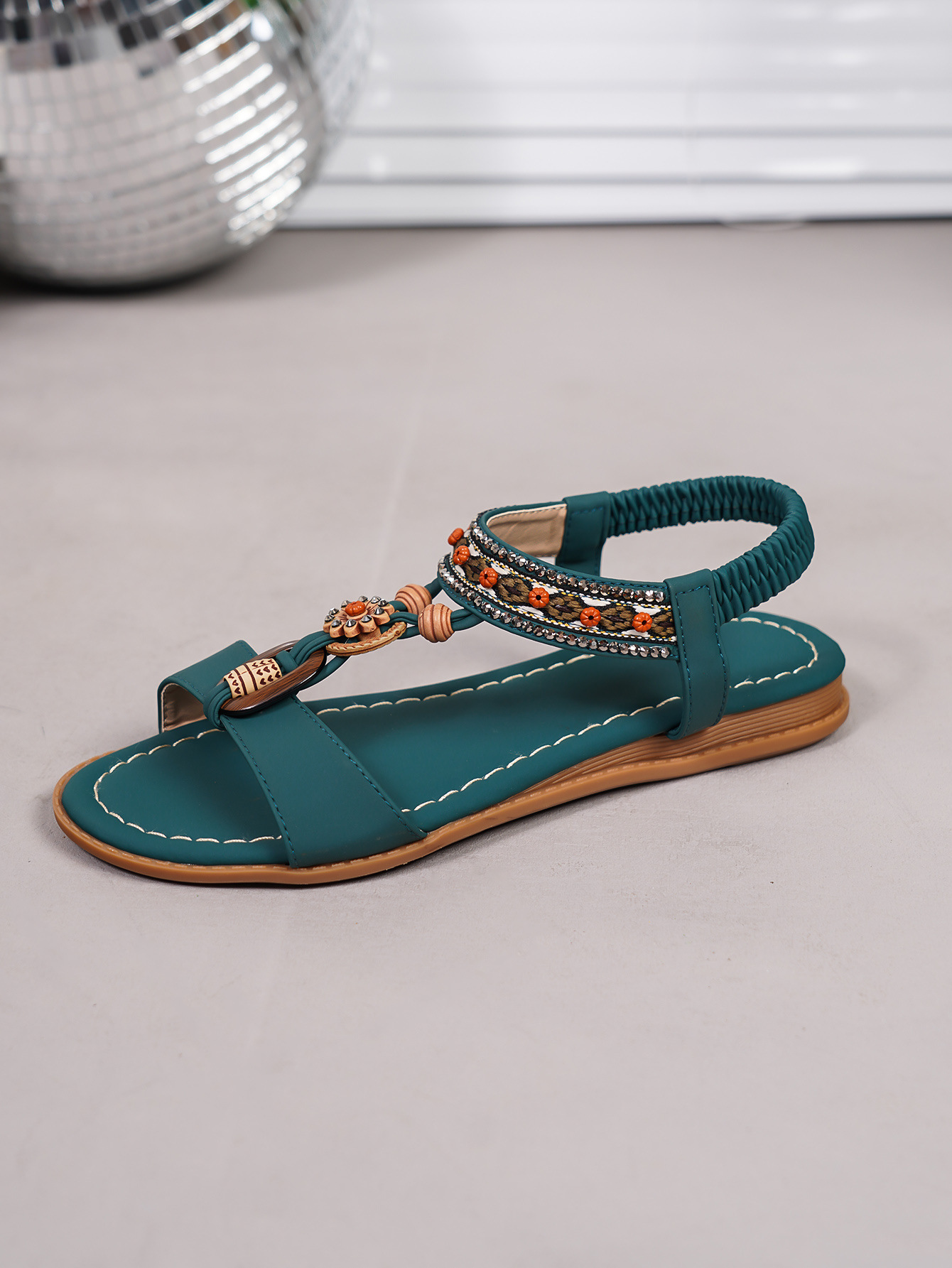 Women's Rhinestone Sandals With Floral Buckle Flat Slides_voghion.com