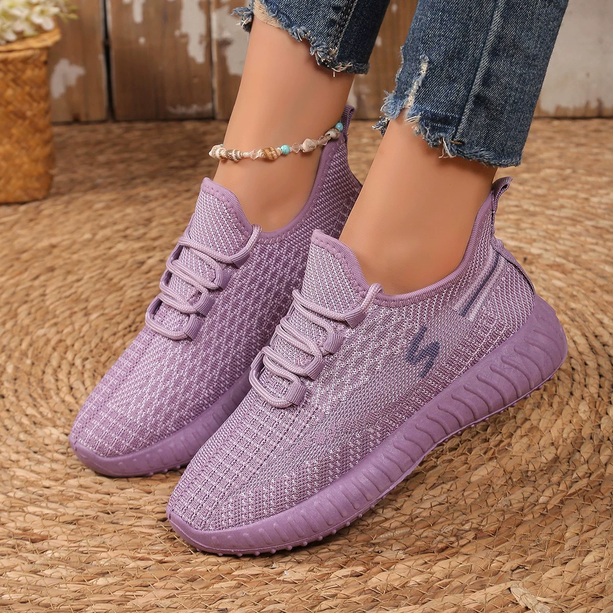 Тенденция Новая фиолетовая летающая сетка дышащая одиночная обувь легкая мягкая подошва удобная модная кокосовая женская обувь