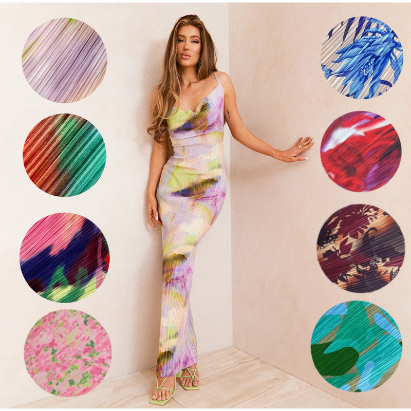 2023 European and American cross-border Russian Amazon popular printed pleated slim slimming sling dress HY009