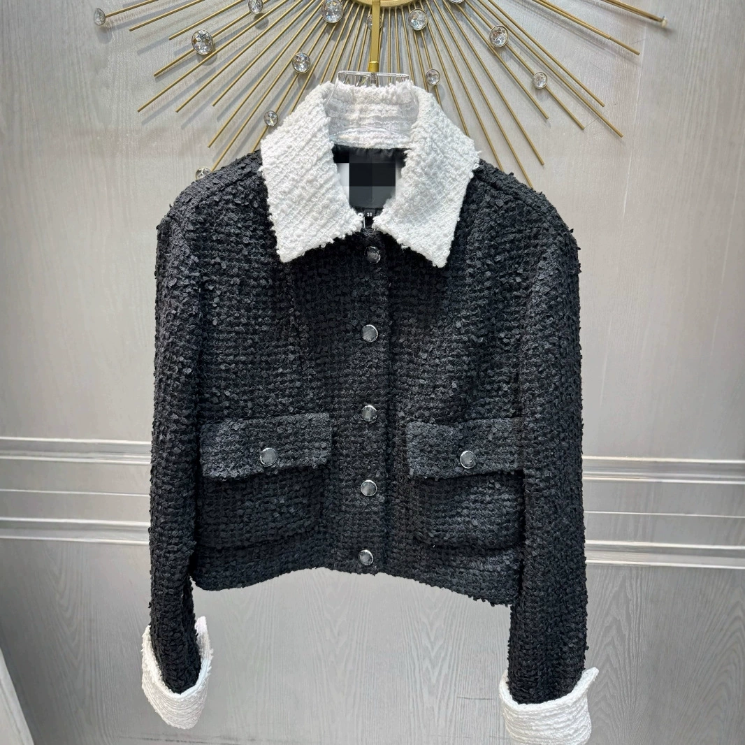 Летняя черная шерстяная тканевая куртка в стиле Chanel