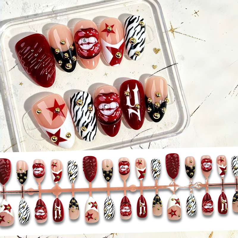 American-style 3D thick lips, burgundy five-pointed star, spicy girl ins press-on nails, cross-border European and American foreign trade metal nail patches American-style 3D thick lips, burgundy five-pointed star, spicy girl ins press-on nails, cross-border European and American foreign trade metal nail patches