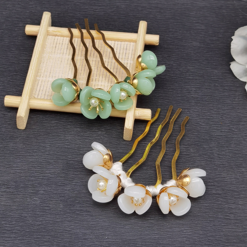 古風插梳花朵頭飾古典捷克琉璃簪花飾品踏青寫真髮飾漢服發梳配飾