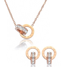 项链女 跨境罗马钻双环耳环套装小众欧美时尚锁骨链镶钻气质项链