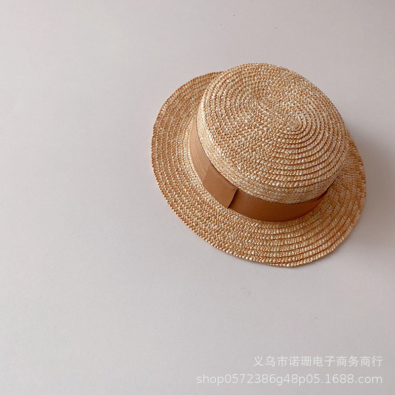 Sombrero de paja de trigo plano para niños, estilo coreano, para playa, ala ancha, protección solar, moda