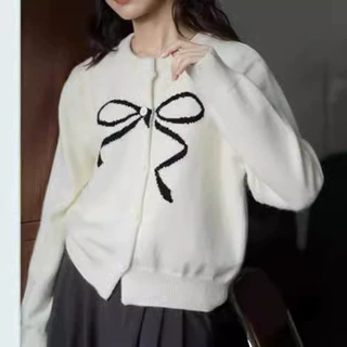 韩系小个子甜美清新撞色针织衫绵羊毛蝴蝶结开衫外套秋冬毛衣女