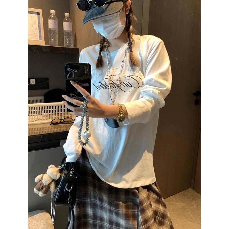 摩且 小众设计 韩系慵懒松弛感字母印花圆领宽松长袖T恤 MQ0805|undefined