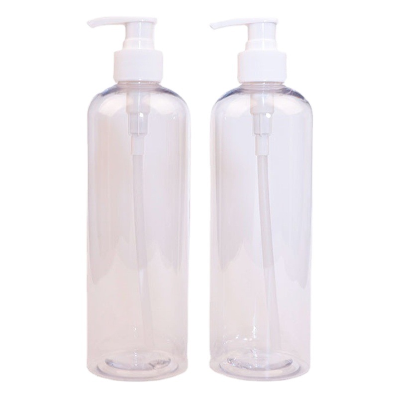 En stock suministro 500ml botella de champú transparente hombro redondo Gel de ducha botella de plástico belleza prensa diaria sub-botella