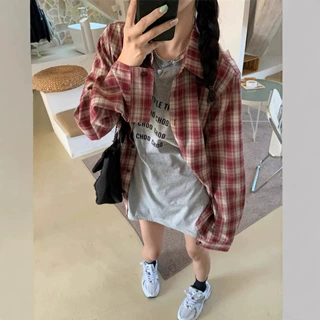 韩系红色格子衬衫女装新款春夏季宽松慵懒风休闲防晒长袖衬衣外套