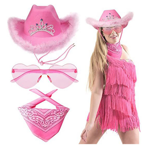 Feather lettering jazz latin salsa dance denim hat  party cosplay performance sequin pink western raw edge denim hat glasses square scarf three-piece