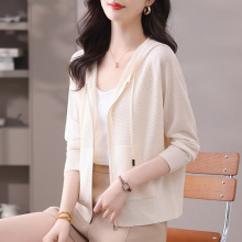 春夏季薄款连帽拉链针织开衫女2025新款休闲宽松短款外搭上衣外套