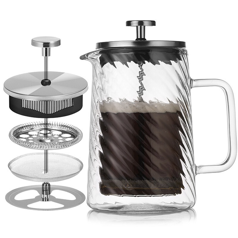 High Borosilicate Double-Layer Glass French Press Pot with Diagonal Pattern, French-Style Filter Press Coffee Maker, Household Heat-Resistant Tea Brewing Device
