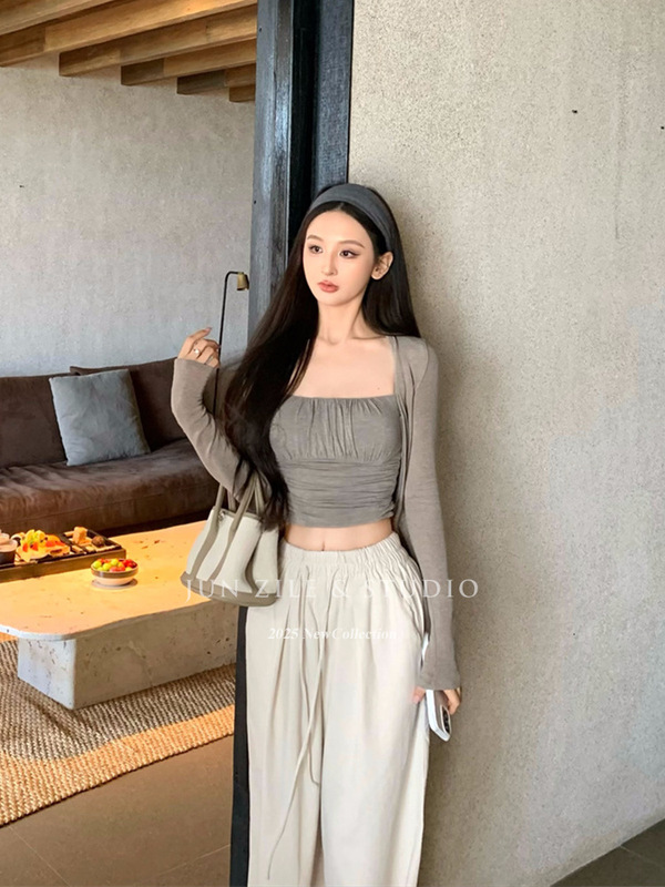 早秋套装女装纯欲风吊带背心内搭修身长袖开衫外套阔腿休闲长裤子|undefined