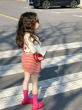 儿童韩版套装2023夏季新款中小女童洋气短袖T恤条纹短裤两件套装