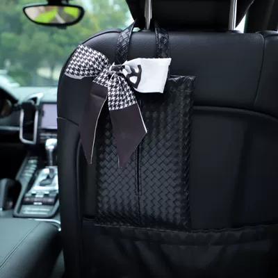 New car tissue box bow hanging woven leather chair back tissue pump fashion goddess car supplies (Car tissue box/set) - woven-hanging-black-tissue-box-houndstooth-bow