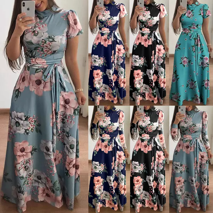 WISH亚马逊2025秋季新款欧美风花朵印花短袖大摆连衣裙女装