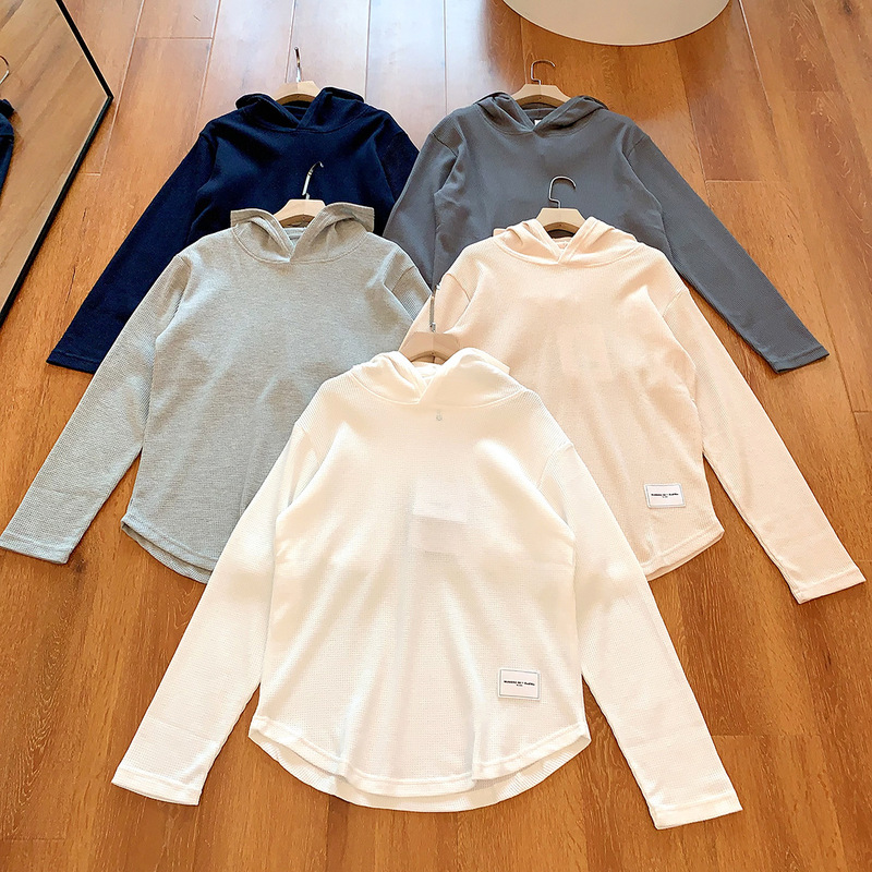 High Weight! 260g Waffle ~ Couple Style Autum Long-Sleeved T-Shirt Simple Casual Loose Hooded Pullover Sweatshirt