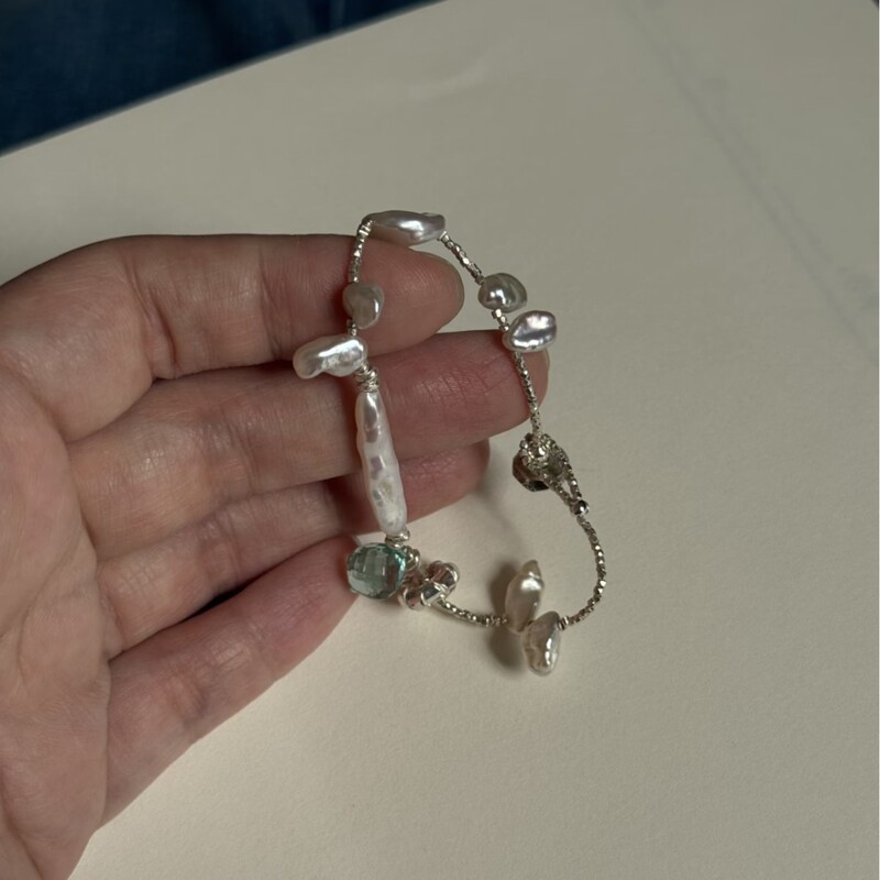 Rui Xi | Natural High-Luster Freshwater Baroque Pearls, Baroque Silver Bars, Candy-Colored Crystals, Handmade Thai Silver Bracelet.