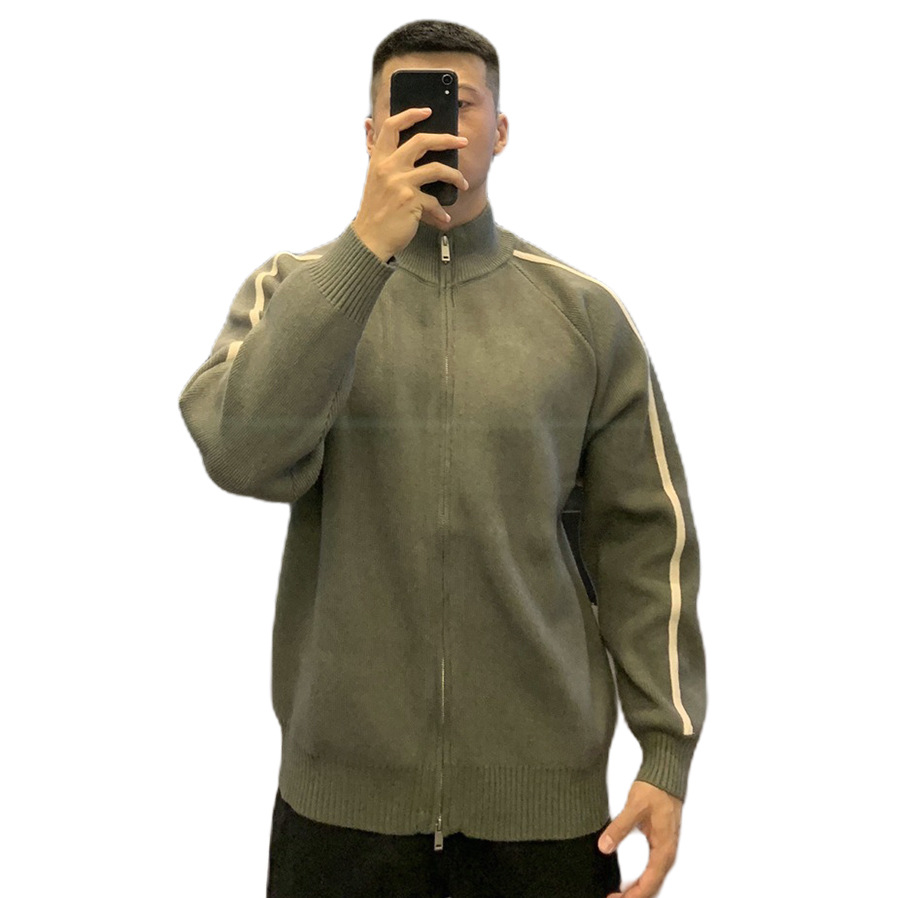 Explosiones transfronterizas de tamaño grande europeo a rayas cardigan suéter de punto chaqueta de hombre chaqueta de doble cremallera fábrica de marea al por mayor