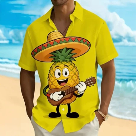 Men's Yellow Background Cartoon Print Short-Sleeved Shirt, Spring and Summer Fun Hawaiian Vacation Vest Loose Shirt
