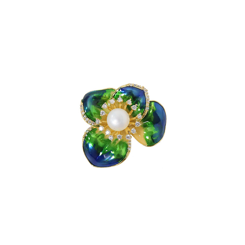 Accesorios DIY camellia esmalte pintado broche de alta calidad grueso dorado zircón pin pectoral de perla soporte vacío image 5