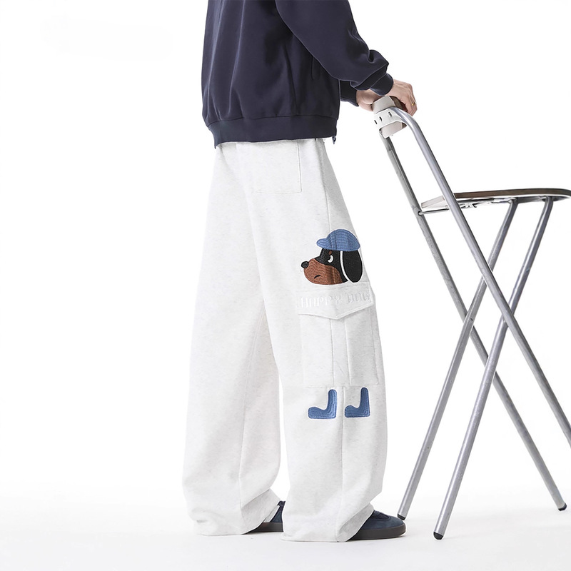 American-Style Embroidered Puppy White Floral Gray Sweatpants Men's Autumn and Winter Couple's down Vest Casual Pants Straight Loose Wide-Leg Pants