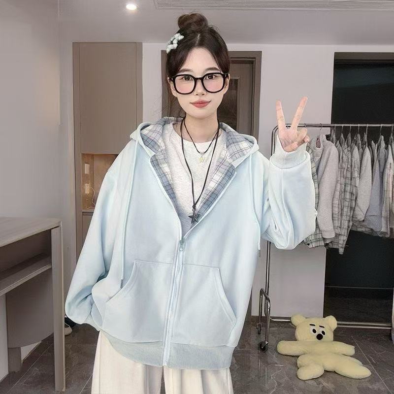 开衫连帽卫衣外套女秋冬2025新款大码女装拼接格子设计感宽松上衣|undefined