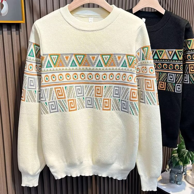 "Men's Jacquard Knit Sweater - European & American Style Thick Winter Pullover With Long Sleeves, Fashionable Textured Design_viptrois.com