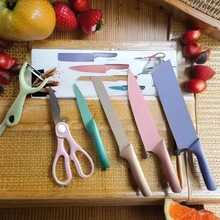 马卡龙色六件套刀彩色不锈钢小盒麦秆6件套厨房刀具套装礼品套刀